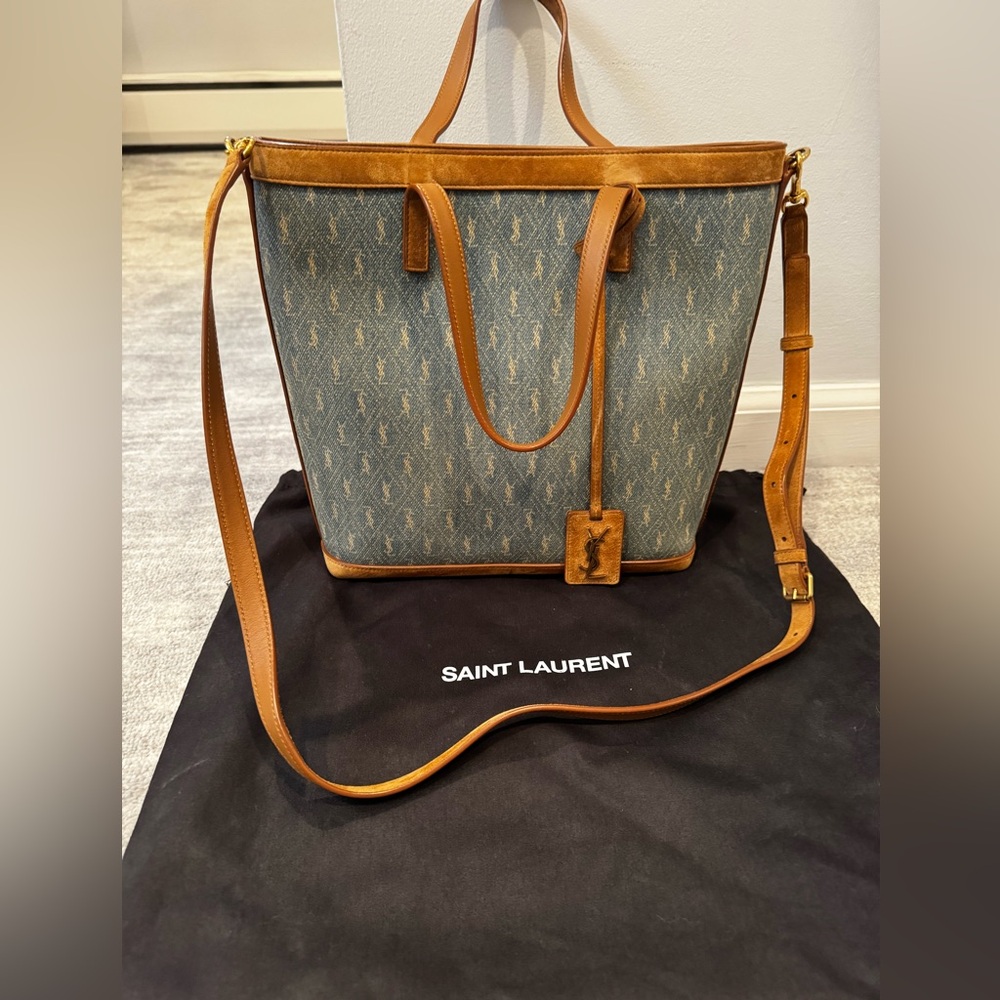 Saint Laurent Blue and Tan Tote with Monogram Design
